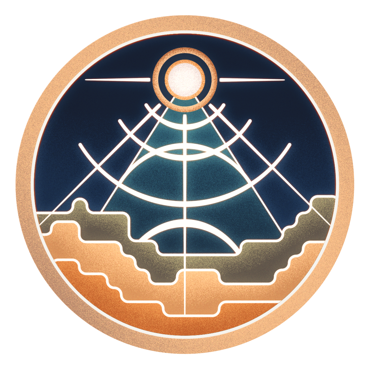 VeraSpectra mark — terraced topography beneath a rising signal