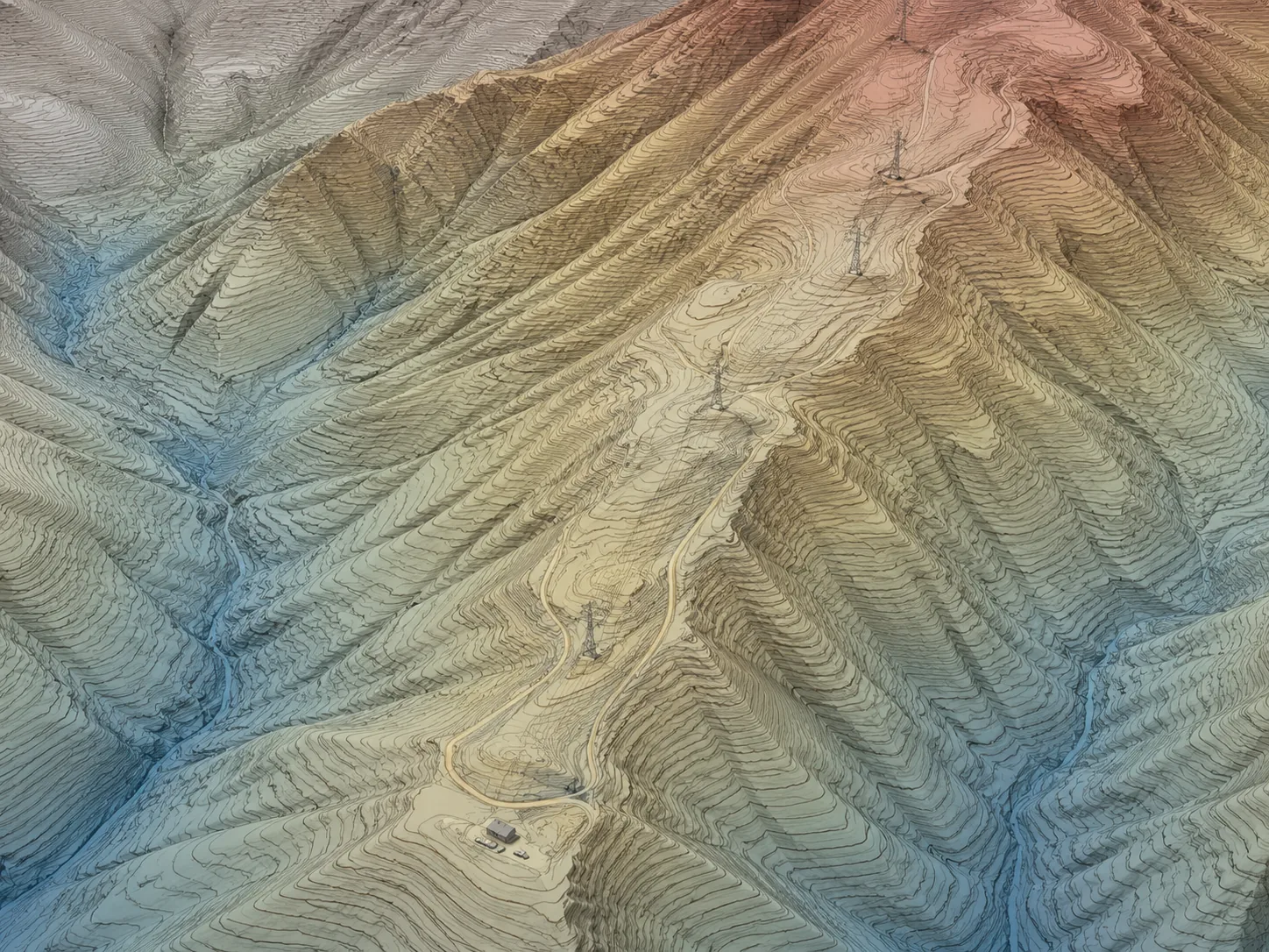 Digital elevation model with elevation shading and contour lines, oblique view