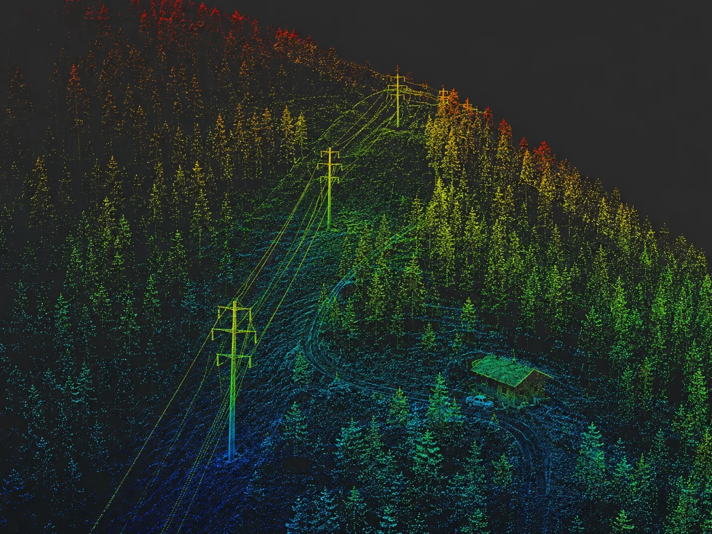 LiDAR point cloud of electrical transmission lines on a wooded mountain slope