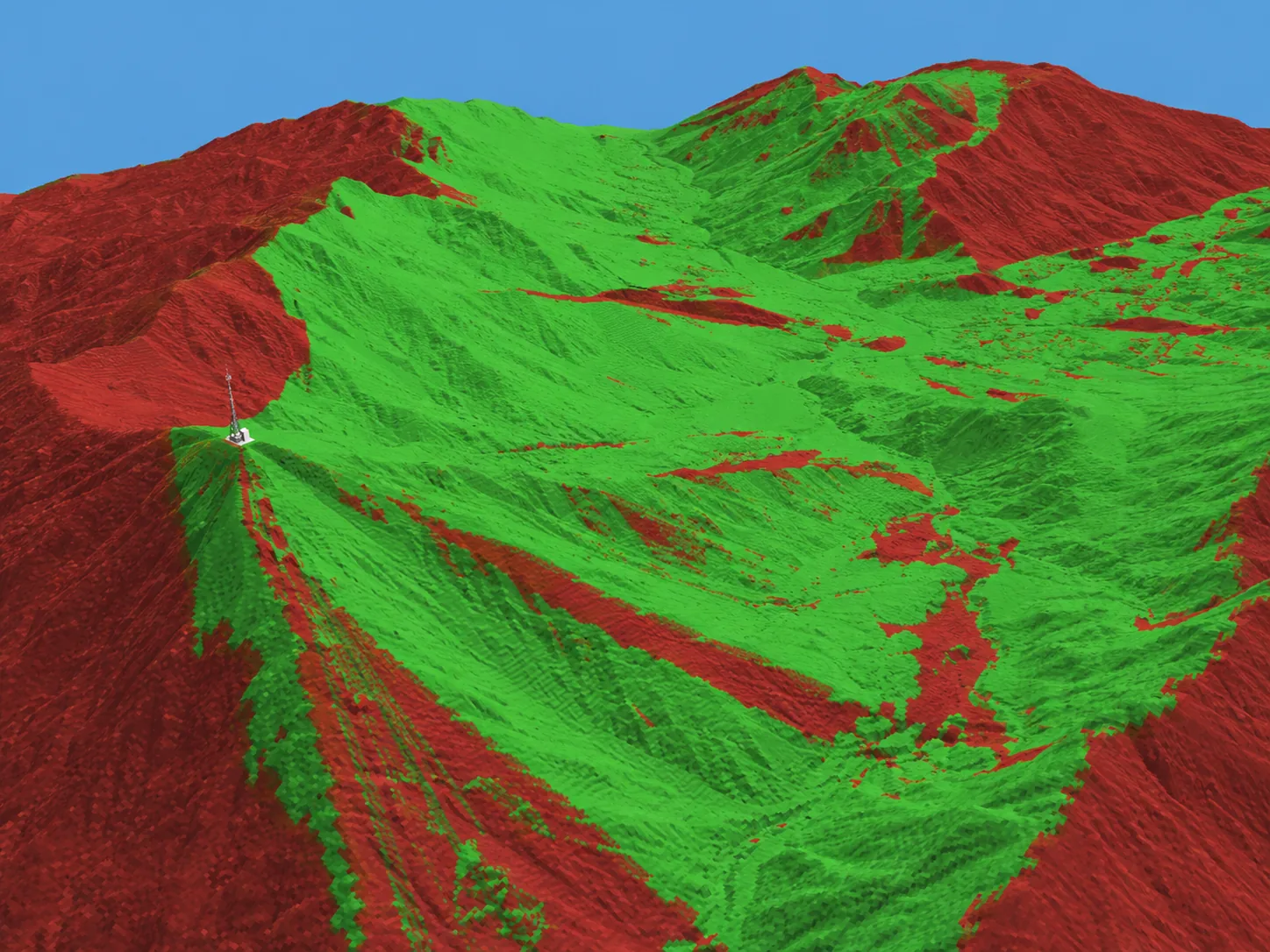 3D viewshed analysis with green visible and red obstructed areas